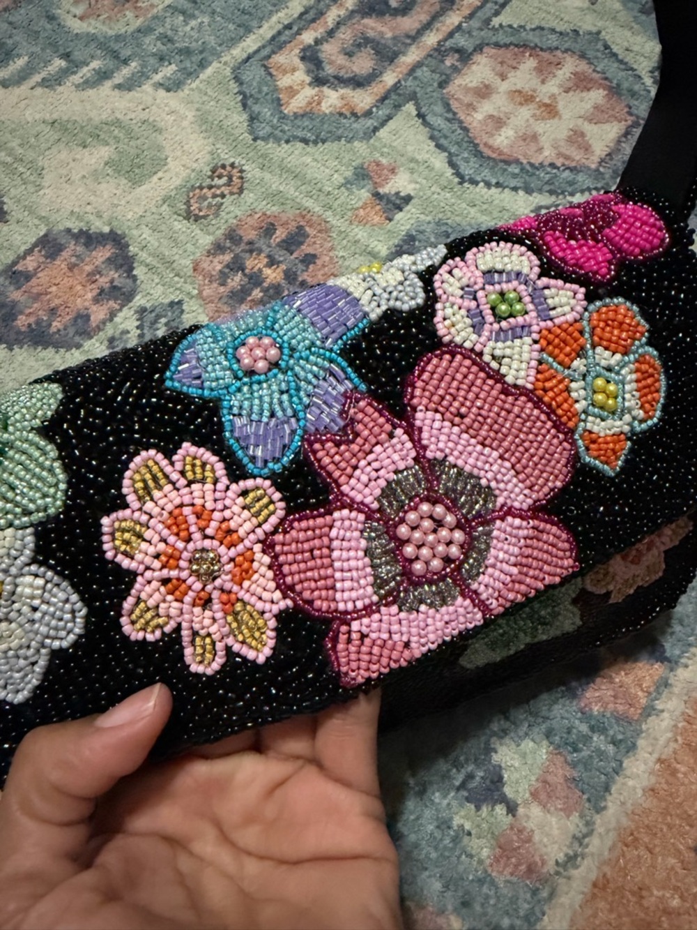 Beaded Floral Black Shoulder Bag with Multicolor Embroidery - Picture 2 of 4